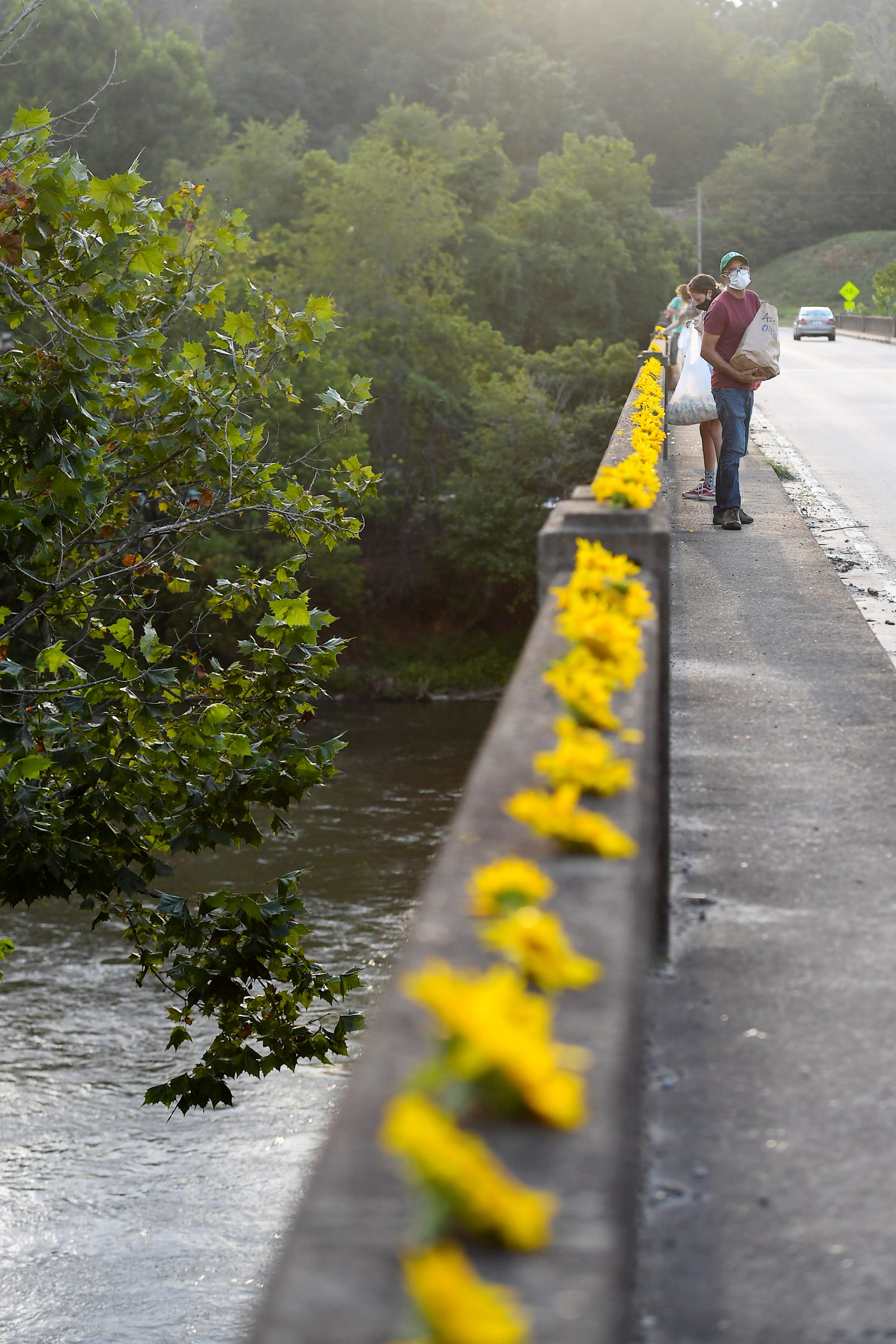 Residents of the Olivette community picked sunflowers to spread cheer across the Craggy Bridge in Woodfin August 19, 2020.