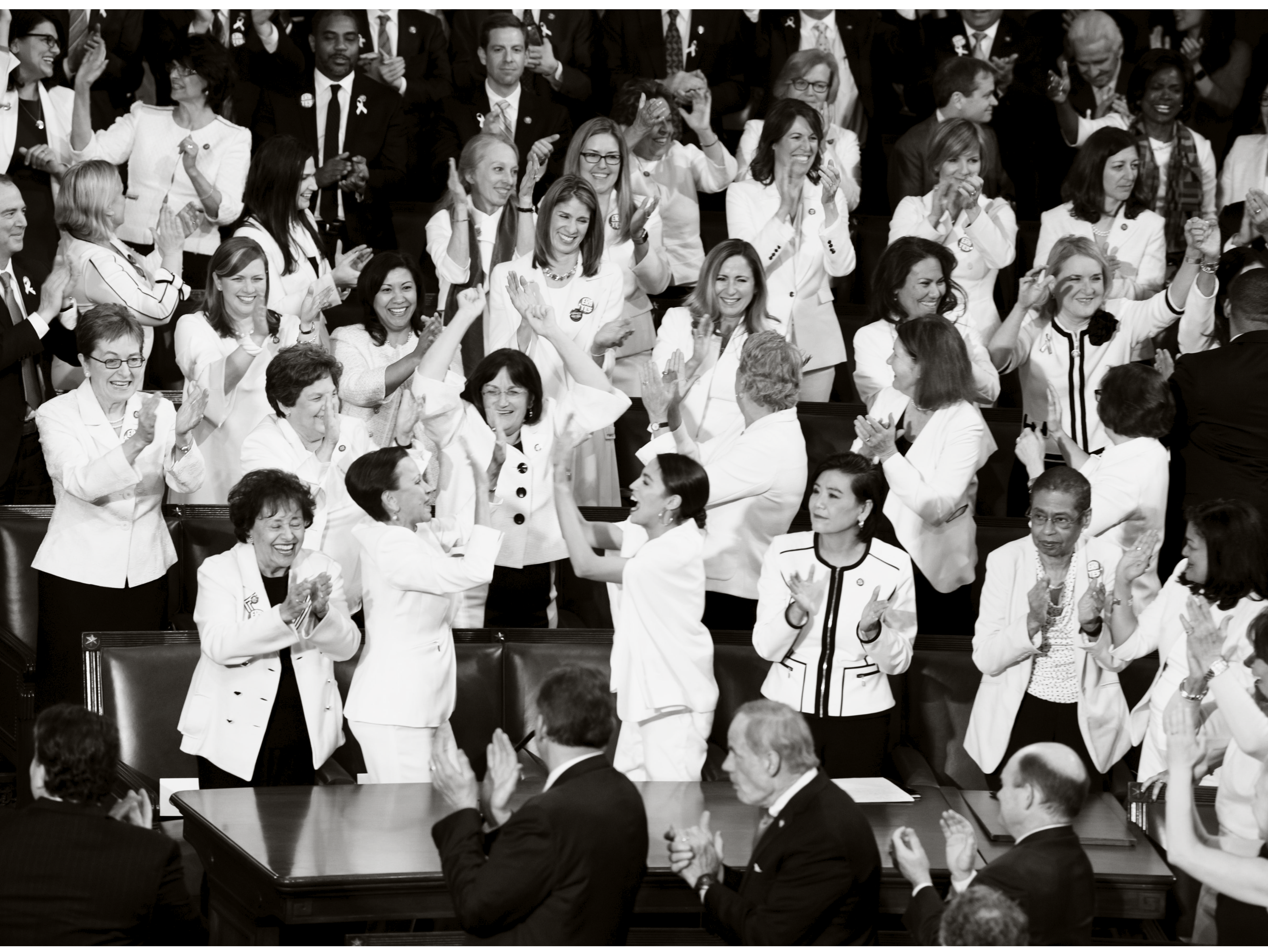 Members of the 116th Congress celebrate wearing all white in August of 2020, in honor of the women's suffrage movement that led to the ratification of the 19th Amendment in 1920.