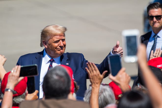 President Donald Trump arrives at the Wilkes-Barre Airport ahead of a rally in Old Forge, Pennsylvania on Thursday, Aug. 20, 2020.