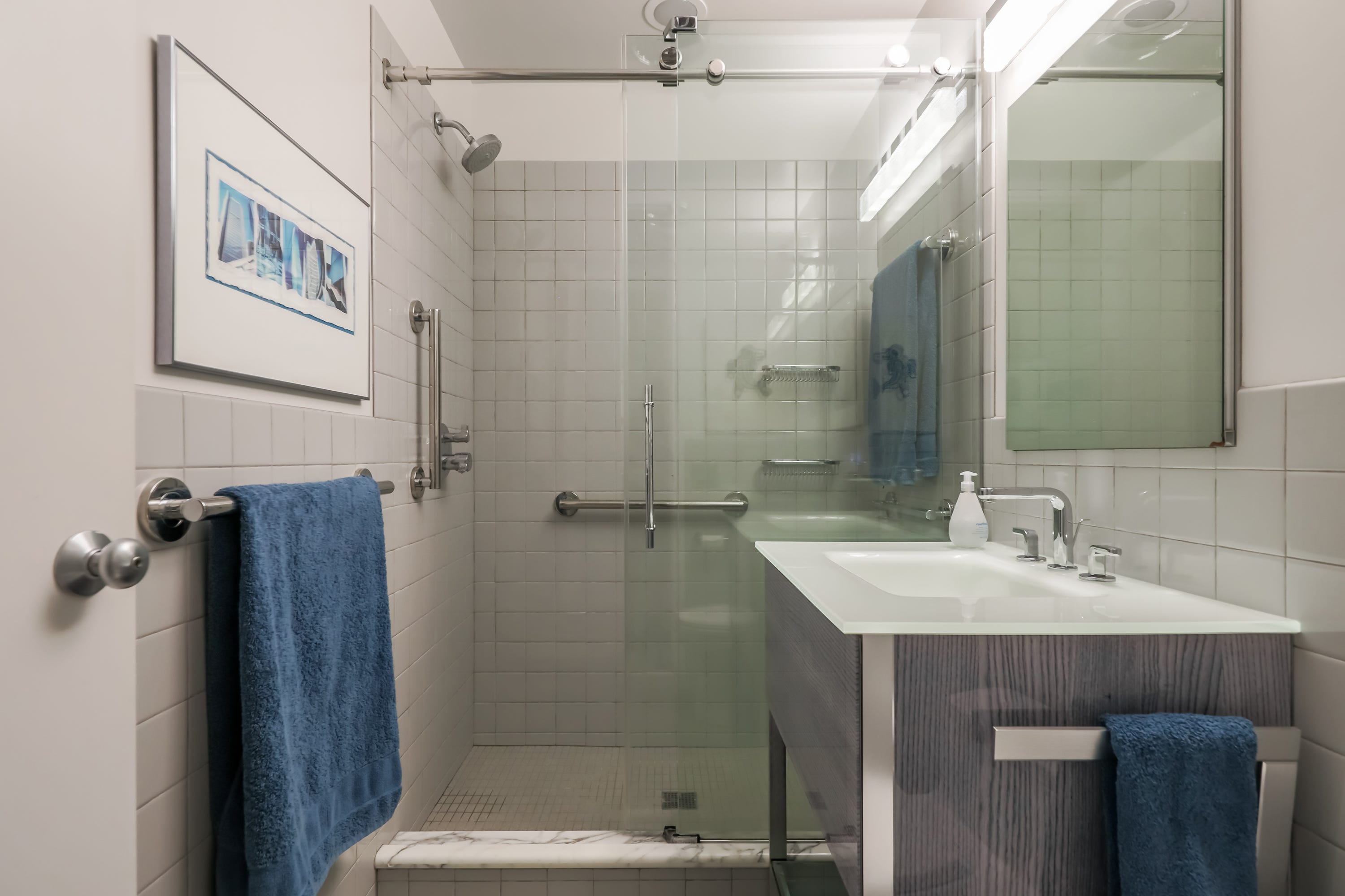 The owner's bath of the Mies van der Rohe garden home at 1331 Joliet Place in Detroit. It's a rare Mies van de Rohe garden unit in Lafayette Park in very good condition with many respectful upgrades.
