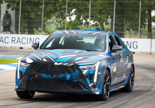 GM VP for Global Product Ken Morris drove the blue CT4 performance variant around Belle Isle in 2019. In production trim, the car will be called the CT4-V Blackwing.