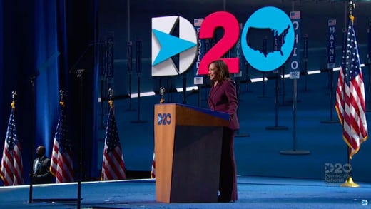 Sen. Kamala Harris of California speaks as she accepts the nomination for Vice President of the United States, during the Democratic National Convention at the Wisconsin Center, Wednesday, Aug. 19, 2020.
