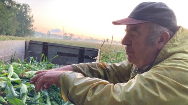 Tom Sutton takes a break during a morning of corn picking on his farm in Florence, New Jersey. “Dad built this cart by hand in 1940. It’s got springs so it gives a nice ride. Still sturdy.”