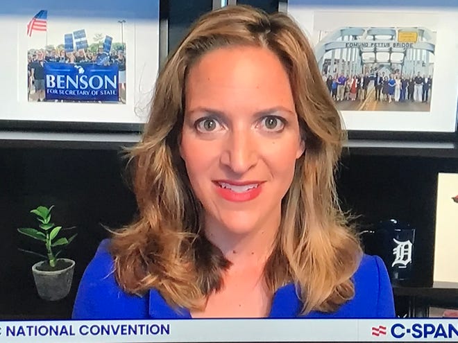 Michigan Secretary of State Jocelyn Benson speaks at Democratic National Convention on Thursday, Aug. 20, 2020.