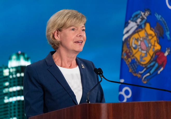 U.S. Sen. Tammy Baldwin spoke during the Democratic National Convention at the Wisconsin Center in Milwaukee on Aug. 20, 2020.