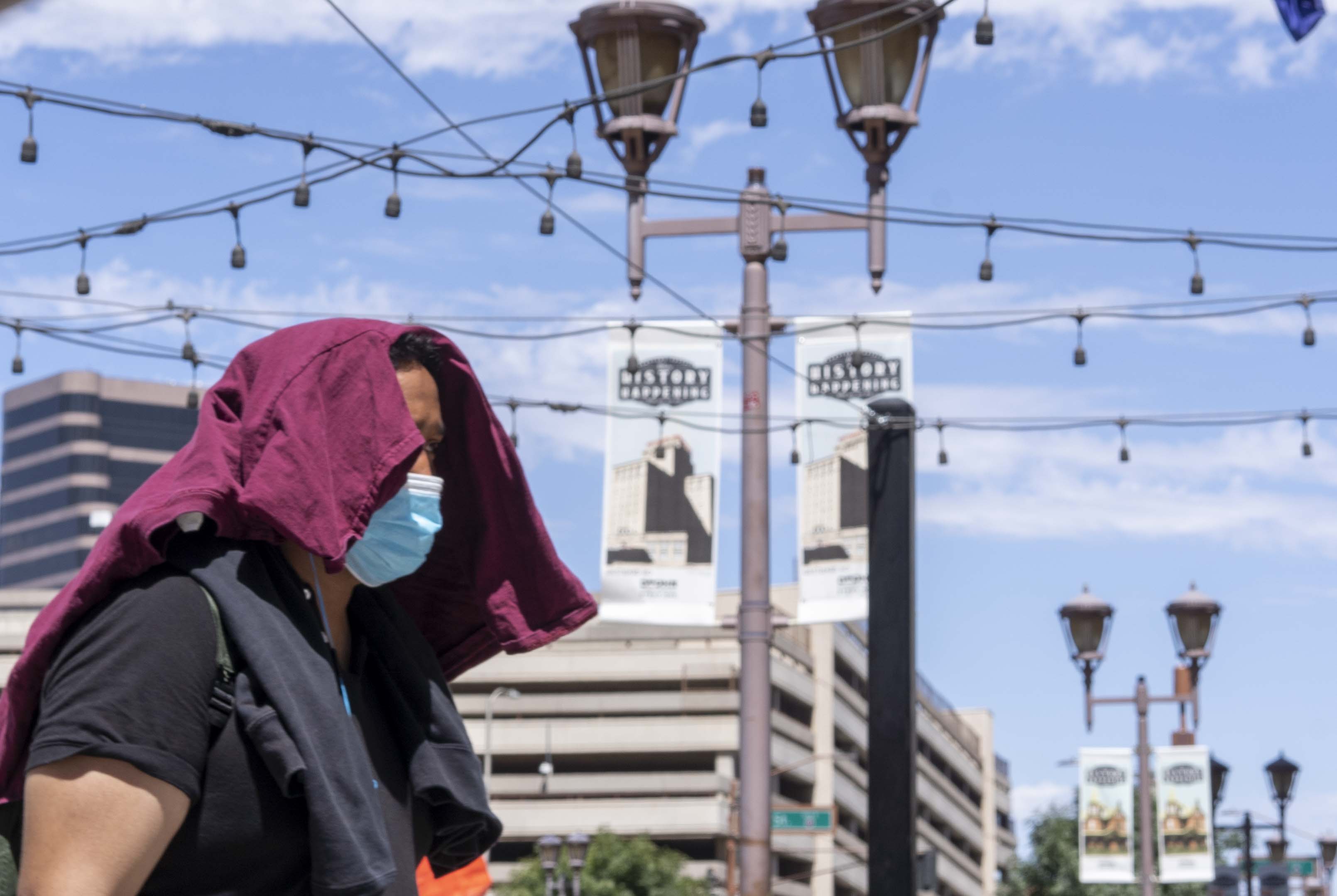 On a 110-degree day, downtown Phoenix is mostly empty.