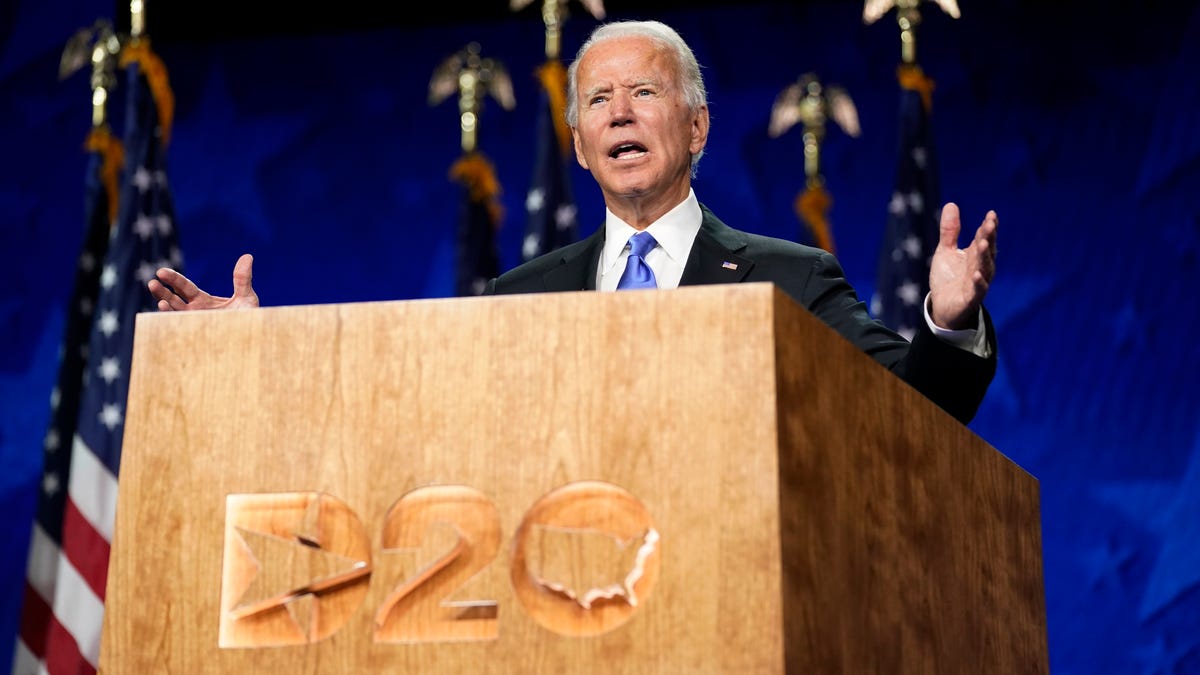 Democratic presidential nominee Joe Biden addresses the Democratic National Convention on Aug. 20, 2020, in Wilmington, Delaware.