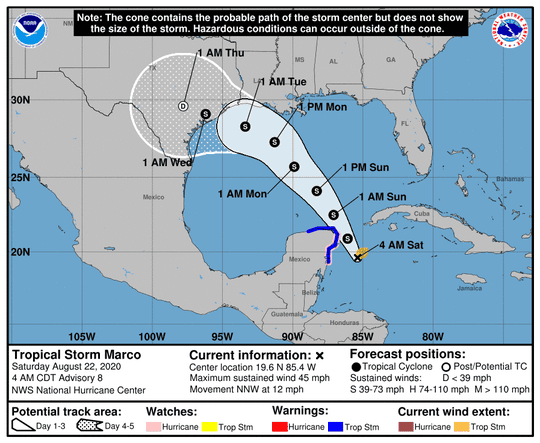 Tropical Storm Marco is forecast to past Mexico and move into the Gulf of Mexico toward Texas.