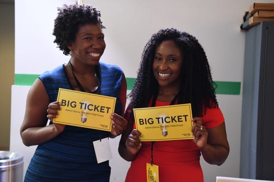 Mented Cosmetics founders Amanda Johnson, left, and KJ Miller show off their Big Ticket certificates, a significant step on their way to presenting their products on HSN and QVC.