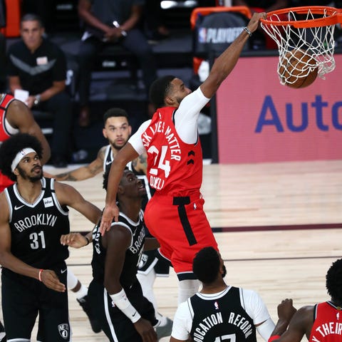 Toronto Raptors guard Norman Powell dunks during G