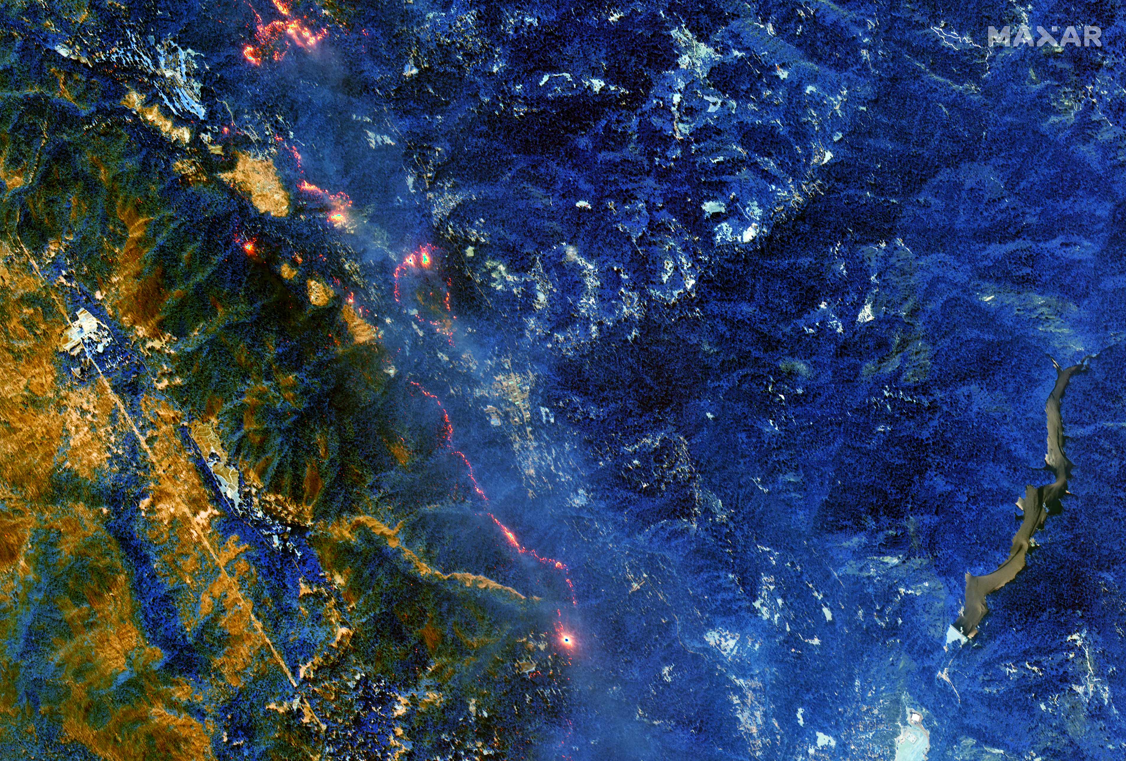 This handout high-resolution shortwave infrared (SWIR) satellite image released by Maxar Technologies shows burned vegetation appearing in a rust/orange color while healthy vegetation appears in shades of blue and active fires from the CZU Lightning Complex Wildfire burning glow orange/yellow in the Santa Cruz mountains, California on August 21, 2020. - Thick smoke blanketed large areas of central and northern California on August 21 as more people fled some of the biggest fires in the state's history which have raged largely uncontrolled through the week.

Fire officials said lightning strikes had ignited 560 fires in the past week, the largest of which are the LNU, the SCU and CZU complex fires in the Bay Area. (Photo by Handout / Satellite image ©2020 Maxar Technologies / AFP) / RESTRICTED TO EDITORIAL USE - MANDATORY CREDIT "AFP PHOTO / Satellite image ©2020 Maxar Technologies" - NO MARKETING - NO ADVERTISING CAMPAIGNS - DISTRIBUTED AS A SERVICE TO CLIENTS - The watermark may not be removed/cropped / THE WATERMARK MAY NOT BE REMOVED/CROPPED (Photo by HANDOUT/Satellite image ©2020 Maxar Tech/AFP via Getty Images) ORG XMIT: Multiples ORIG FILE ID: AFP_1WO0K1