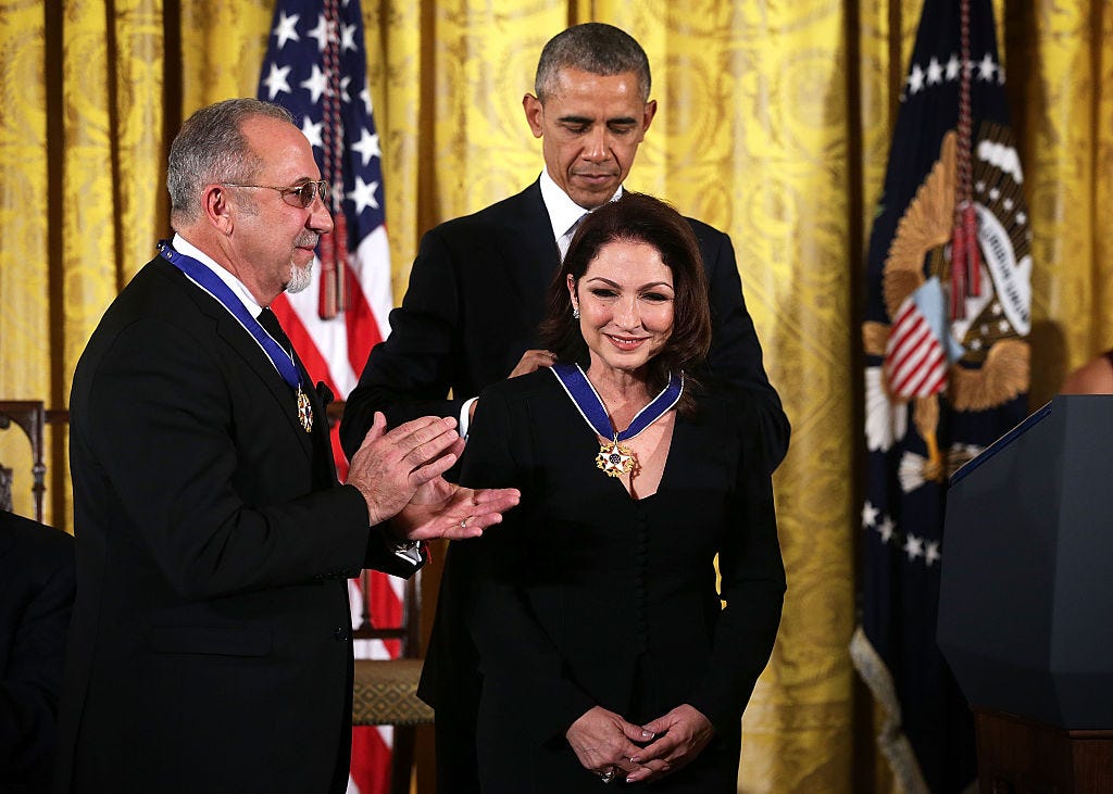 Gloria Estefan says one of her proudest moments was when she and husband Emilio were awarded the Presidential Medal of Freedom in 2015 by President Barack Obama.