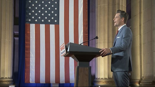 In this image from video, Rep. Matt Gaetz, R-Fla., speaks from Washington, during the first night of the Republican National Convention Monday, Aug. 24, 2020.(Courtesy of the Committee on Arrangements for the 2020 Republican National Committee via AP)