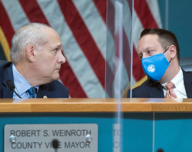 Palm Beach County Vice Mayor Robert Weinroth (left) speaks with Mayor Dave Kerner on Tuesday as the Palm Beach County Commission considers entering Phase 2 of reopening amid the coronavirus pandemic. [LANNIS WATERS/palmbeachpost.com]