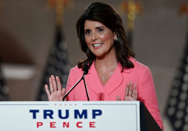 Former Ambassador to the United Nations Nikki Haley speaks during the first day of the Republican convention at the Mellon Auditorium in Washington, D.C.