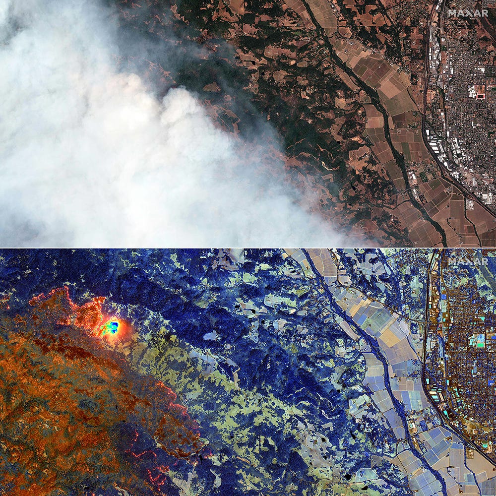 (COMBO) This combination of handout satellite images released by Maxar Technologies created on August 21, 2020 shows a large area covered in thick smoke from the LNU Lightning Complex Wildfire burning to the west of Healdsburg in Sonoma County, California on August 20, 2020 (top) and the same area seen by high-resolution shortwave infrared (SWIR) satellite showing burned vegetation appearing in a rust/orange color while healthy vegetation appears in shades of blue and active fires  glow orange/yellow in Sonoma County, California on August 20, 2020. - A series of massive fires in northern and central California forced more evacuations as they quickly spread August 20, darkening the skies and dangerously affecting air quality.A series of massive fires in northern and central California forced more evacuations as they quickly spread August 20, darkening the skies and dangerously affecting air quality. (Photos by Handout / Satellite image ©2020 Maxar Technologies / AFP) / RESTRICTED TO EDITORIAL USE - MANDATORY CREDIT "AFP PHOTO / Satellite image ©2020 Maxar Technologies" - NO MARKETING - NO ADVERTISING CAMPAIGNS - DISTRIBUTED AS A SERVICE TO CLIENTS - The watermark may not be removed/croppedRESTRICTED TO EDITORIAL USE - MANDATORY CREDIT "AFP PHOTO / Satellite image ©2020 Maxar Technologies" - NO MARKETING - NO ADVERTISING CAMPAIGNS - DISTRIBUTED AS A SERVICE TO CLIENTS - The watermark may not be removed/cropped / THE WATERMARK MAY NOT BE REMOVED/CROPPED - THE WATERMARK MAY NOT BE REMOVED/CROPPED - (Photo by HANDOUT/Satellite image ©2020 Maxar Tech/AFP via Getty Images) ORG XMIT: Multiples ORIG FILE ID: AFP_1WN29Y