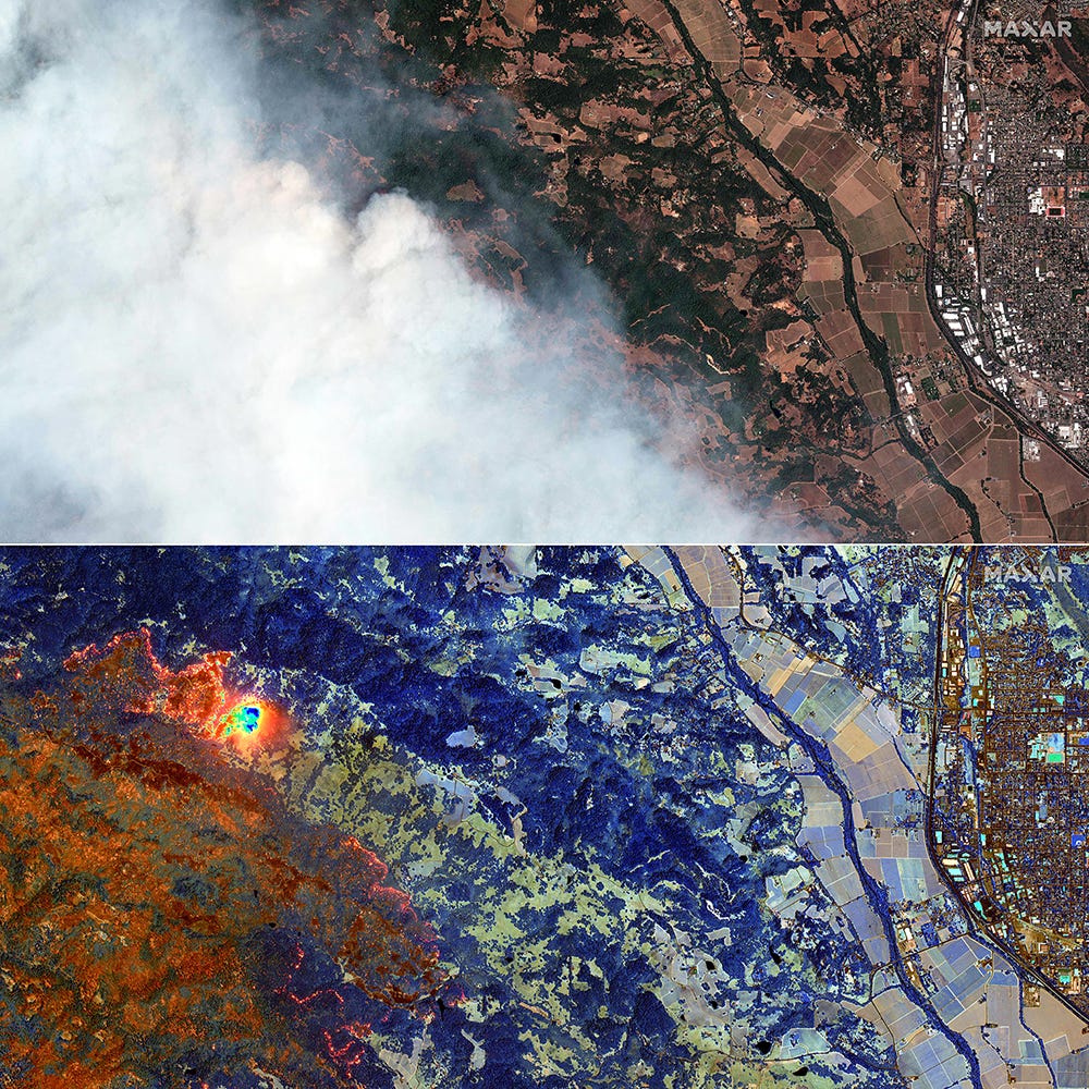 (COMBO) This combination of handout satellite images released by Maxar Technologies created on August 21, 2020 shows a large area covered in thick smoke from the LNU Lightning Complex Wildfire burning to the west of Healdsburg in Sonoma County, California on August 20, 2020 (top) and the same area seen by high-resolution shortwave infrared (SWIR) satellite showing burned vegetation appearing in a rust/orange color while healthy vegetation appears in shades of blue and active fires  glow orange/yellow in Sonoma County, California on August 20, 2020. - A series of massive fires in northern and central California forced more evacuations as they quickly spread August 20, darkening the skies and dangerously affecting air quality.
A series of massive fires in northern and central California forced more evacuations as they quickly spread August 20, darkening the skies and dangerously affecting air quality. (Photos by Handout / Satellite image ©2020 Maxar Technologies / AFP) / RESTRICTED TO EDITORIAL USE - MANDATORY CREDIT "AFP PHOTO / Satellite image ©2020 Maxar Technologies" - NO MARKETING - NO ADVERTISING CAMPAIGNS - DISTRIBUTED AS A SERVICE TO CLIENTS - The watermark may not be removed/cropped

RESTRICTED TO EDITORIAL USE - MANDATORY CREDIT "AFP PHOTO / Satellite image ©2020 Maxar Technologies" - NO MARKETING - NO ADVERTISING CAMPAIGNS - DISTRIBUTED AS A SERVICE TO CLIENTS - The watermark may not be removed/cropped / THE WATERMARK MAY NOT BE REMOVED/CROPPED - THE WATERMARK MAY NOT BE REMOVED/CROPPED - (Photo by HANDOUT/Satellite image ©2020 Maxar Tech/AFP via Getty Images) ORG XMIT: Multiples ORIG FILE ID: AFP_1WN29Y