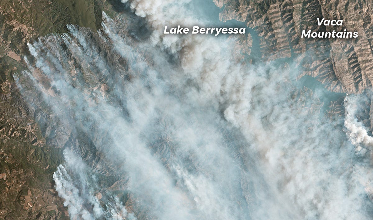 The LNU Lightning Complex burns near Lake Berryessa, East of Napa Valley.