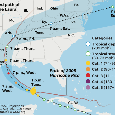 Projected path of Hurricane Laura as compared to H