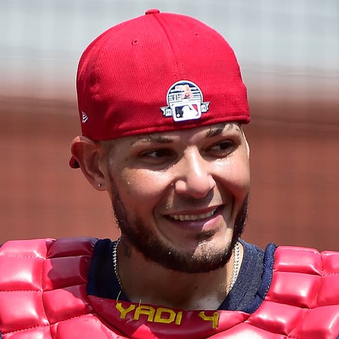 Catcher Yadier Molina takes part in the St. Louis 