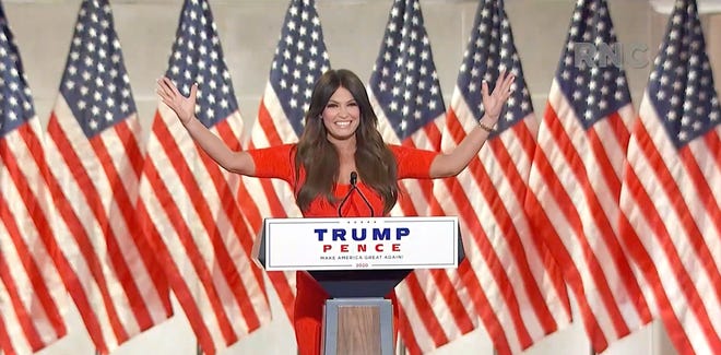Kimberly Guilfoyle speaks from during the Republican National Convention at the Mellon Auditorium in Washington, D.C.