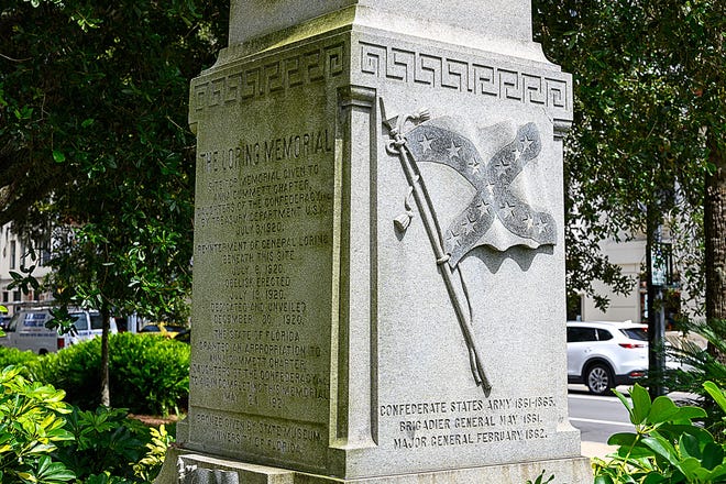 A memorial to William Loring , who served as a general in the confederate army, sits on University of Florida owned property located west of the Plaza de la Constitucion in St. Augustine in June.  The monument was moved property to Trout Creek Fish Camp early Monday, August 24, 2020.