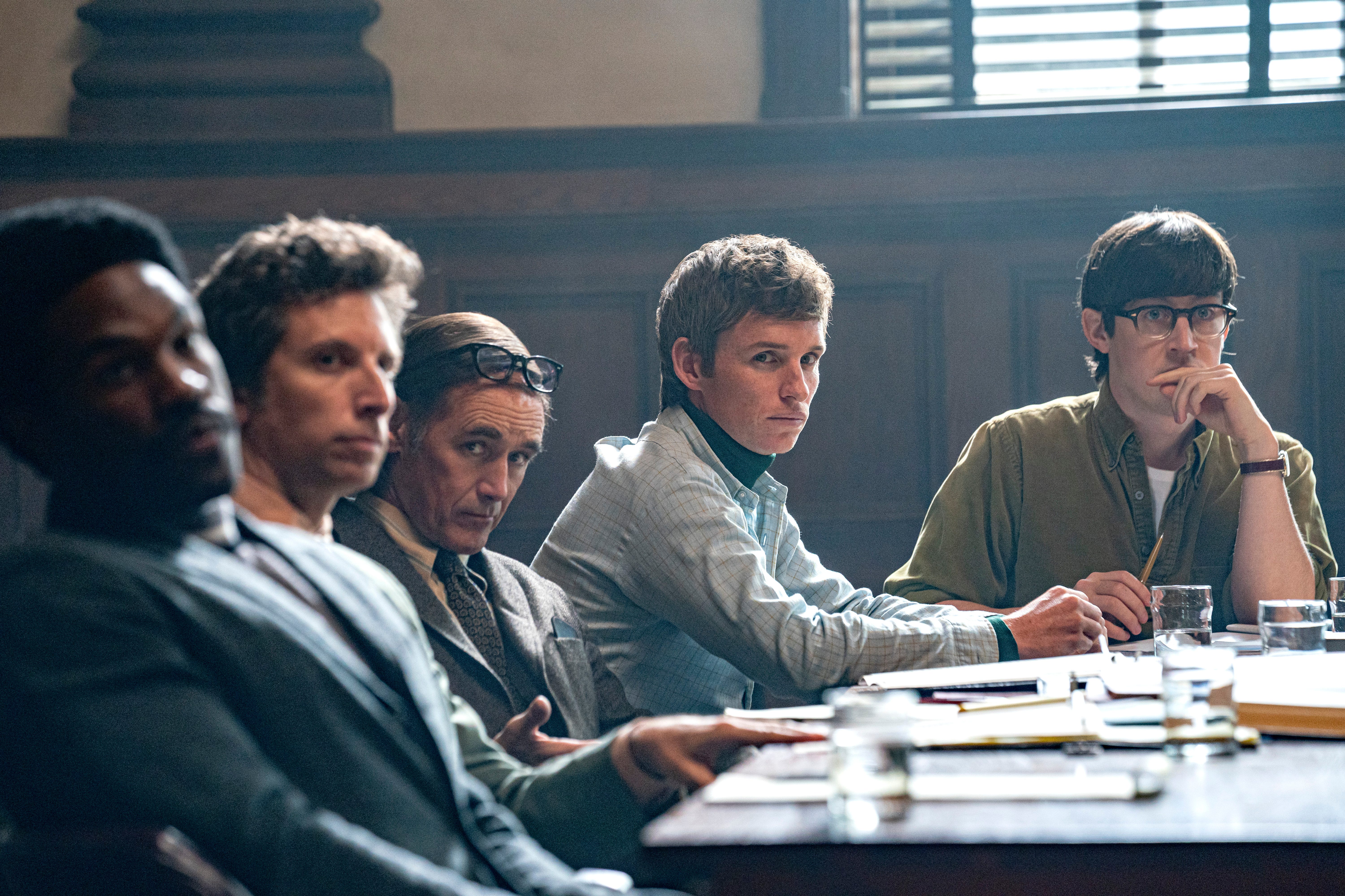 Yahya Abdul-Mateen II (from left), Ben Shenkman, Mark Rylance, Eddie Redmayne and Alex Sharp star in Aaron Sorkin's drama "The Trial of the Chicago 7," about organizers charged with inciting a riot after a 1968 protest at the Democratic National Convention.