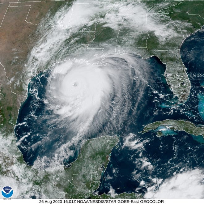 Hurricane Laura spins in the Gulf of Mexico on  Aug. 26.