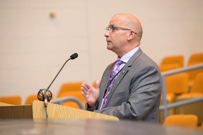 Stuart Klatte of the Lake County Education Association shares his requests at the Lake County Legislative Delegation meeting on Wednesday, Oct. 9, 2019. [Cindy Peterson/Correspondent]