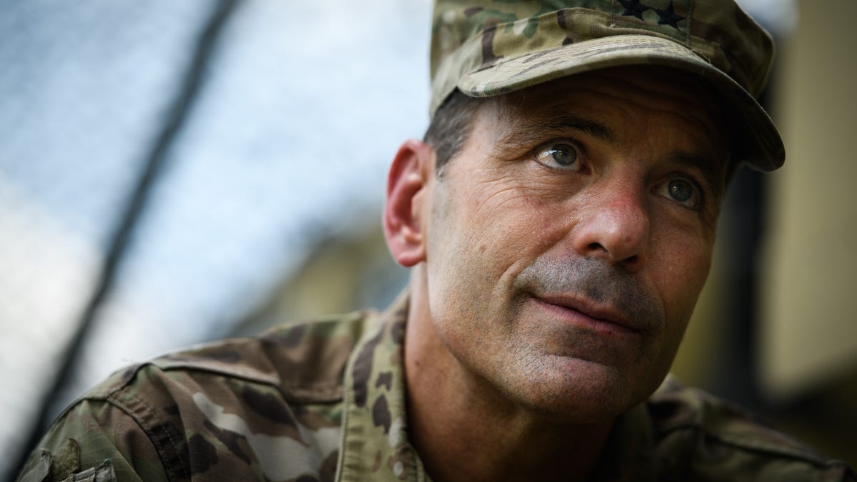 Maj. Gen. Christopher Donahue, 82nd Airborne Division commanding general, talks to a reporter during an exercise on Fort Bragg in 2020. Donahue is headed to Afghanistan as U.S. military leaders talk with the Taliban.