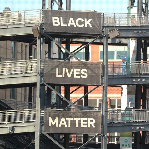 View of an MLB "Black Lives Matter" banner on the 