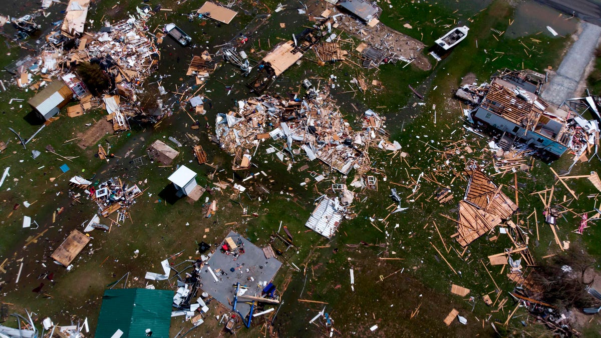 This aerial view shows damage to a neighborhood outside of Lake Charles, Louisiana.