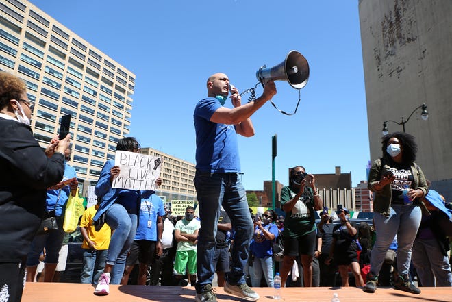 Nikolai Vitti, superintendent for the Detroit Public Schools Community District, speaks to protesters at the Detroit Public Schools Community District Peace Protest at Cadillac Square on Thursday, June 11, 2020. 