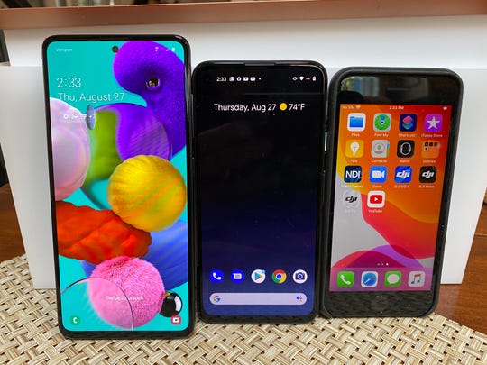 From left to right: Samsung's A71, Google Pixel 4A and Apple iPhone SE