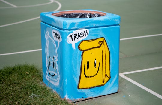 The James O. Jessie Desert Highland Unity Center has some new public art painted on the trashcans, benches and a utility box on August 29, 2020, in Palm Springs. It's a collaboration between the Palm Springs Public Arts Commission and Palm Springs Parks and Recreation.