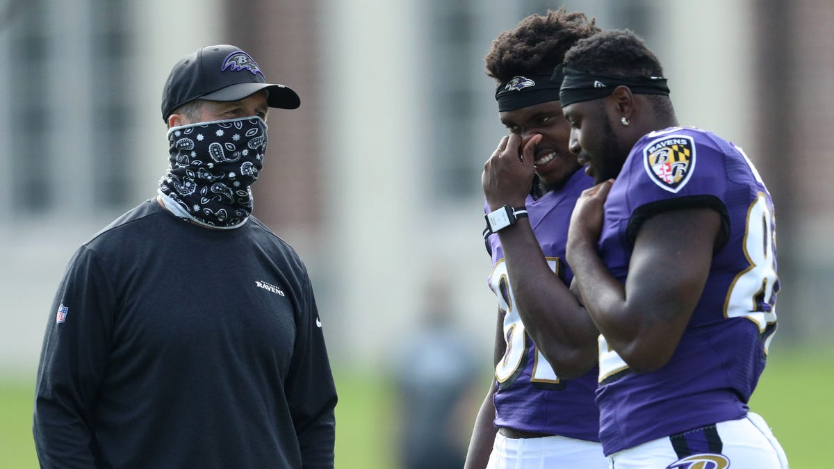 Head coach John Harbaugh of the Baltimore Ravens looks on during the Baltimore Ravens Training Camp at Under Armour Performance Center Baltimore Ravens on August 17, 2020 in Owings Mills, Maryland.