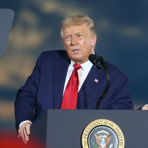 President Donald Trump pictured speaking at London