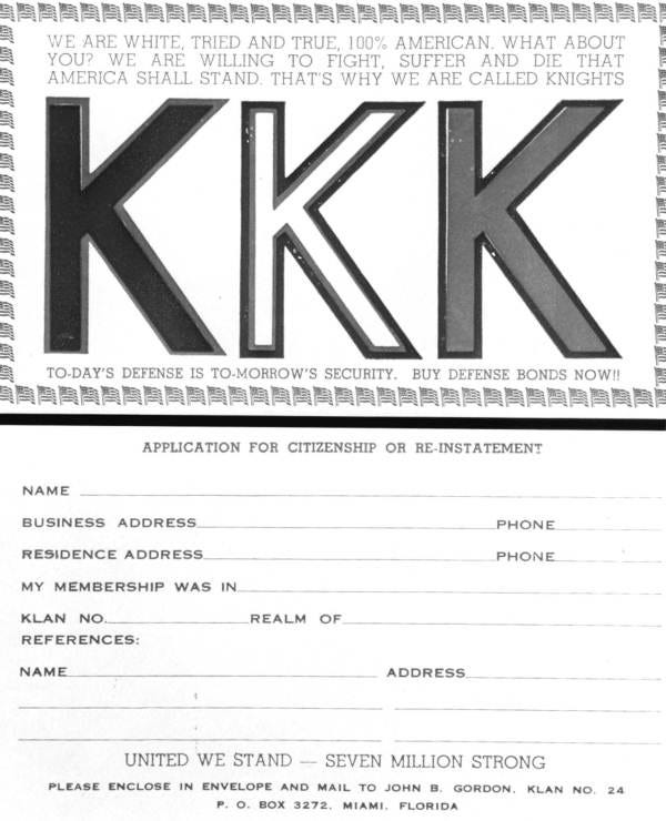 A membership application for the Ku Klux Klan.