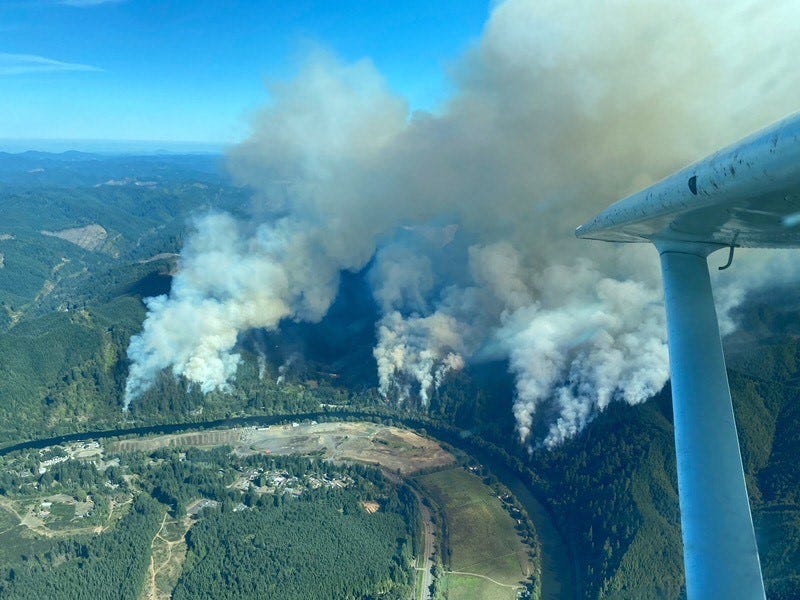 Multiple wildfires are burning along Sweet Creek Road near Mapleton on Sunday, Aug. 30.