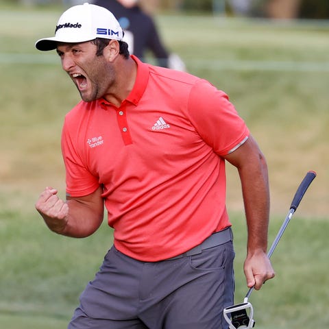 Jon Rahm reacts to making over a 60 foot birdie pu