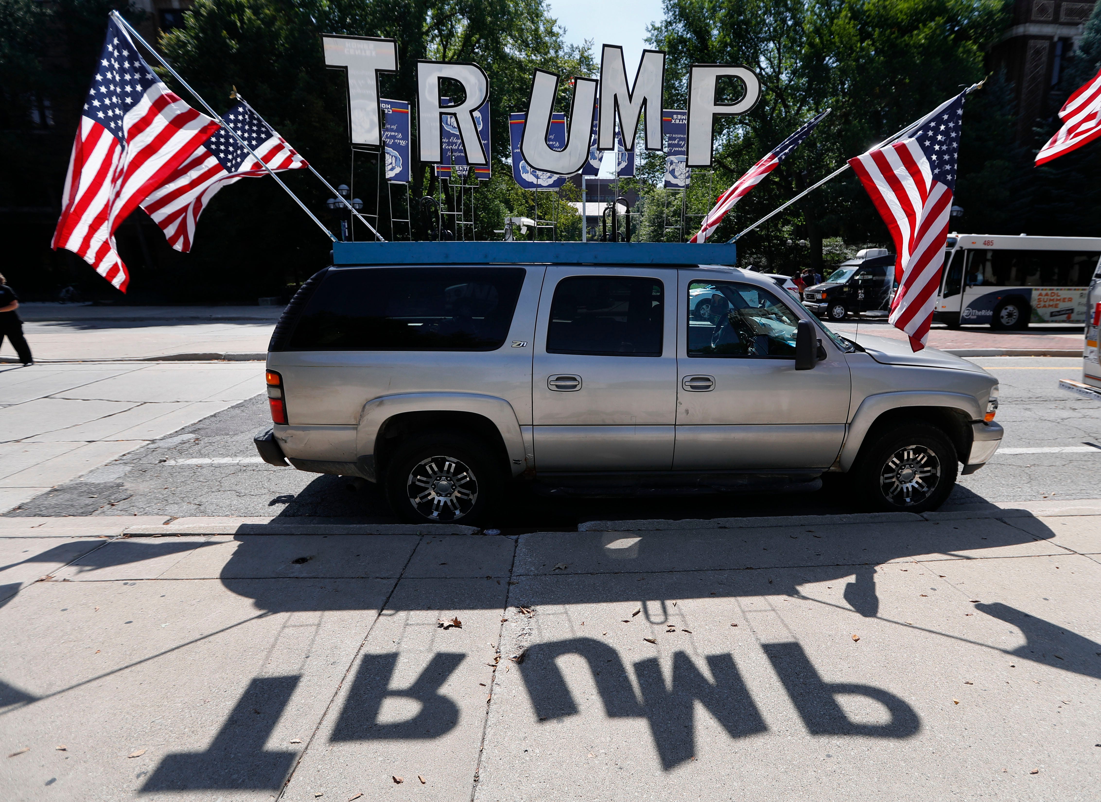 A vehicle is shown supporting Republican presidential candidate Donald Trump at the University of Michigan in Ann Arbor, Mich. on Sept. 13, 2016.