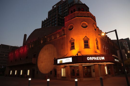 The Orpheum Theatre is lit red in Phoenix on Sept. 1, 2020, during Red Alarm for Live Events, to draw attention to the plight of the live event industry.