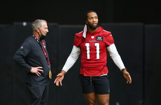 Sep 2, 2020; Glendale, AZ, USA; Arizona Cardinals pass game coordinator/quarterbacks coach Tom Clements talks to wide receiver Larry Fitzgerald (11) during training camp at State Farm Stadium. Mandatory Credit: Rob Schumacher/The Arizona Republic via USA TODAY NETWORK