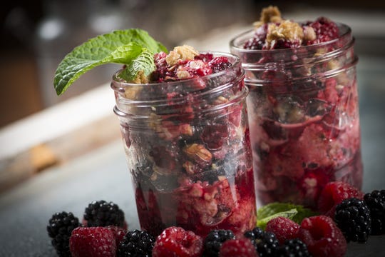 Freeze summer blackberries and raspberries, then use them later in the year in an easy crisp served in attractive jars.