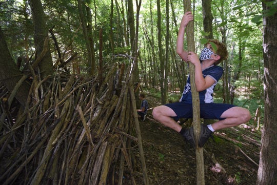 Gavin Hill, 9, of Romeo, climbs a tree in Woodville next to their make-shift fort that houses their wood-selling business called, 'John's Lumber.'