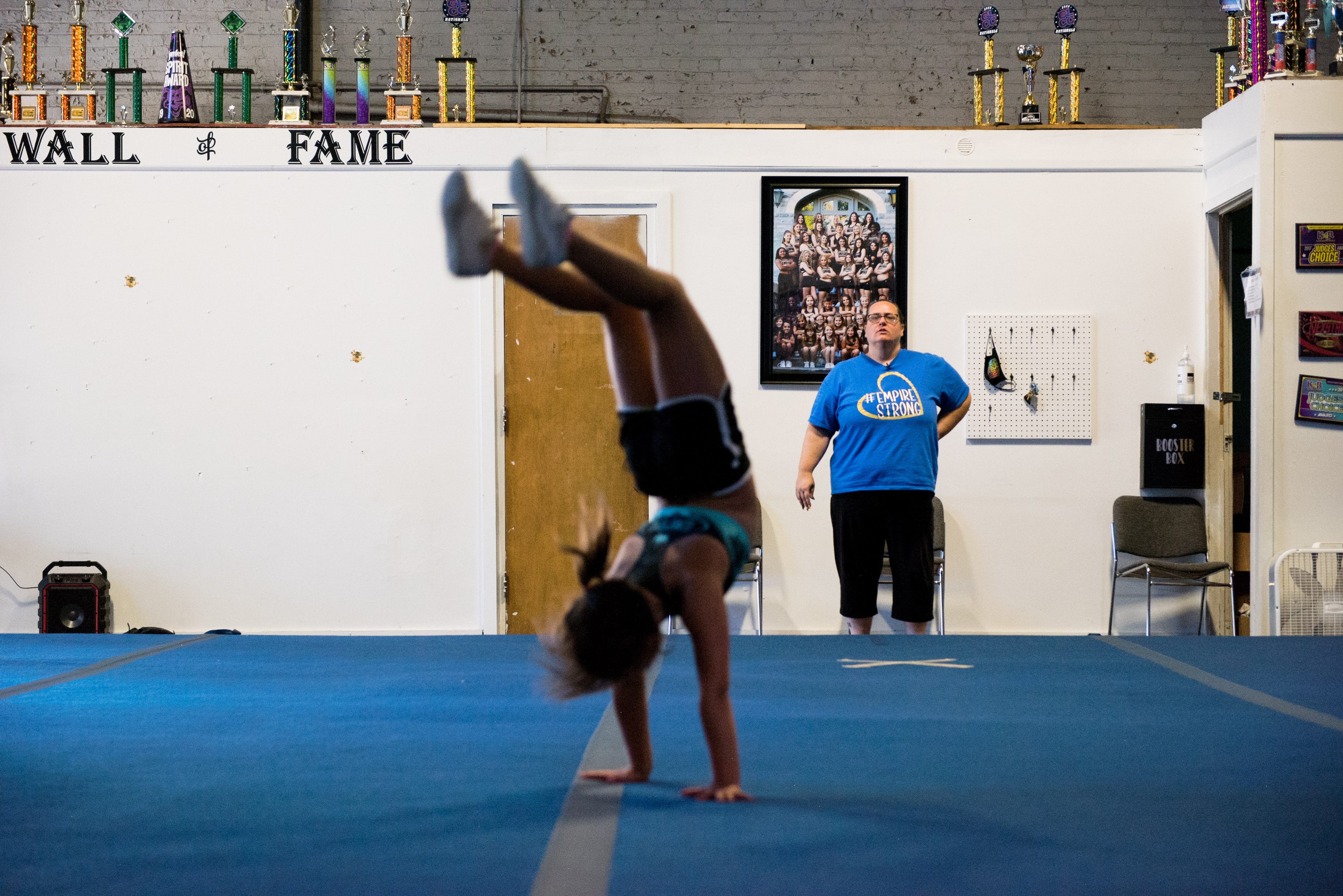 Mishelle Robinson, owner of Empire All Stars, coaches cheer practice on Aug. 19, 2020 in Ravenna, Ohio.