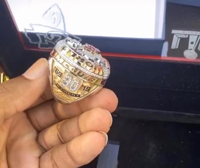 A look at Elijah McGuire's new Super Bowl championship ring.