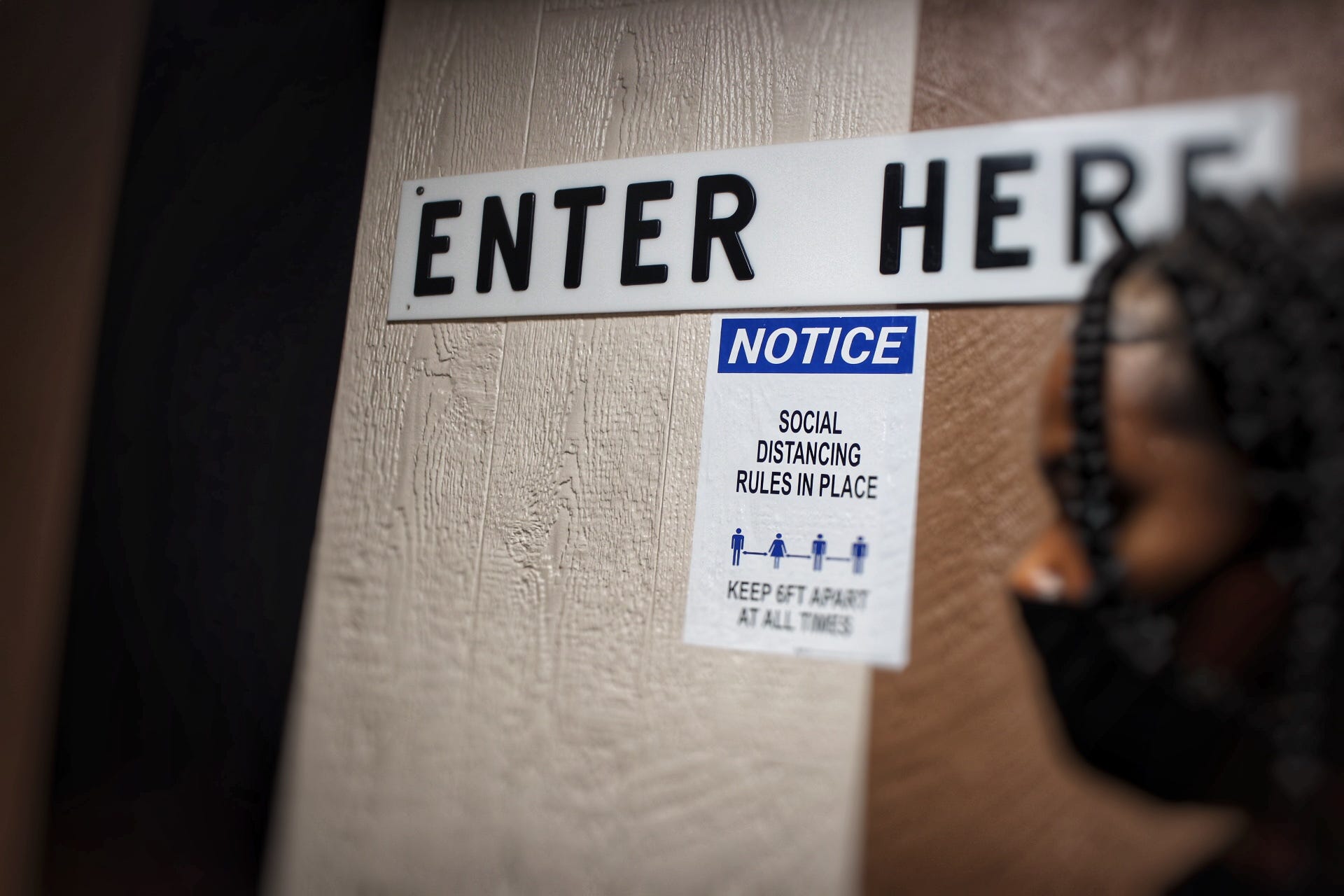 A physical distancing guidelines sign that I saw when going to get snacks while at the drive-in movie theater in Dearborn, MI to see the movie "Unhinged" on August 26, 2020.

