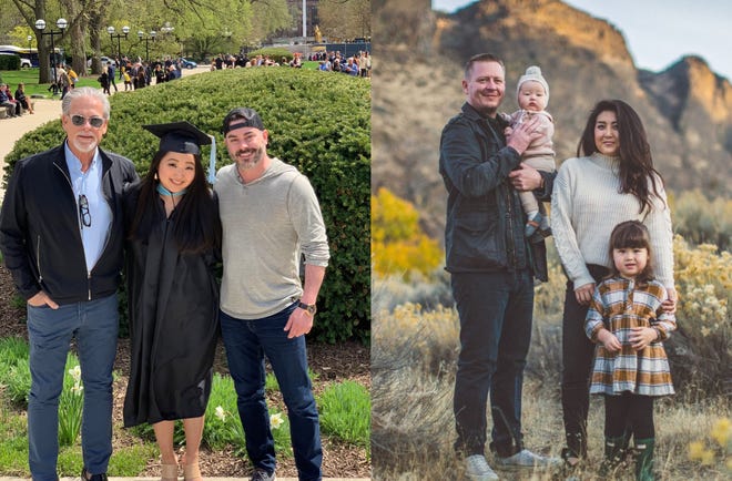 Michigan State University student Melanie McCormick, at left with her adoptive father, Thom, and brother Chad, and birth sister, Madie Gustafson, at right with her husband Trevor and children Charlie and Olive, grew up on opposite sides of the country. They discovered one another last year through DNA testing.