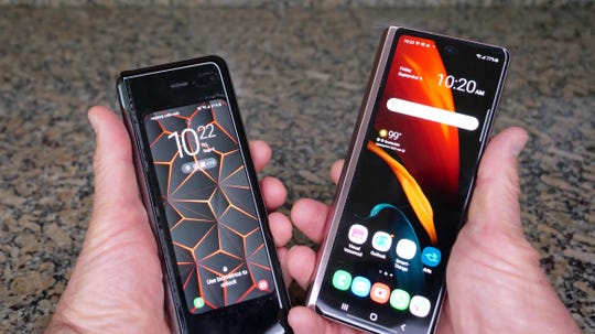 The original Galaxy Fold, left, compared to the new Fold2, right, in its folded form.
